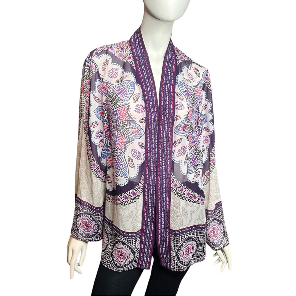 CHICO'S Size 3 Traveler's Collection Purple Mosaic Mandala Print Open Jacket